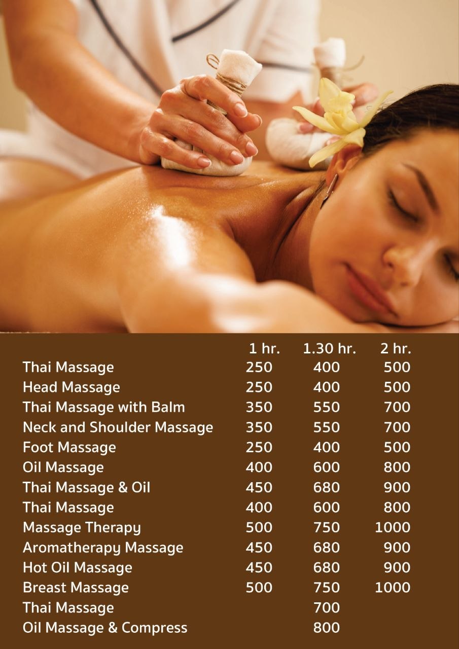 Kanya Massage English menu and price board